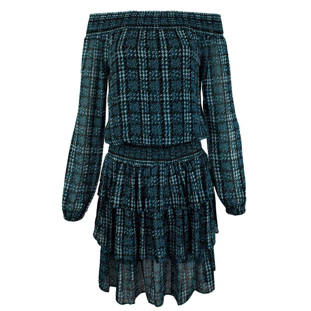 Michael Kors Tweed Haberdashery Print Georgette Off-The-Shoulder Dress-DT-M